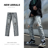 Men Jeans Loose Hole Straight Tide Trousers